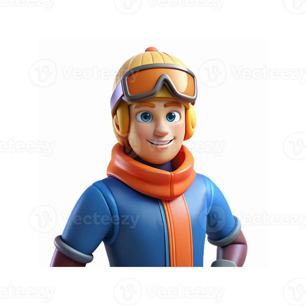 Smiling Cartoon Snowboarder In Winter Gear With Goggles And Orange Scarf On Transparent Background png