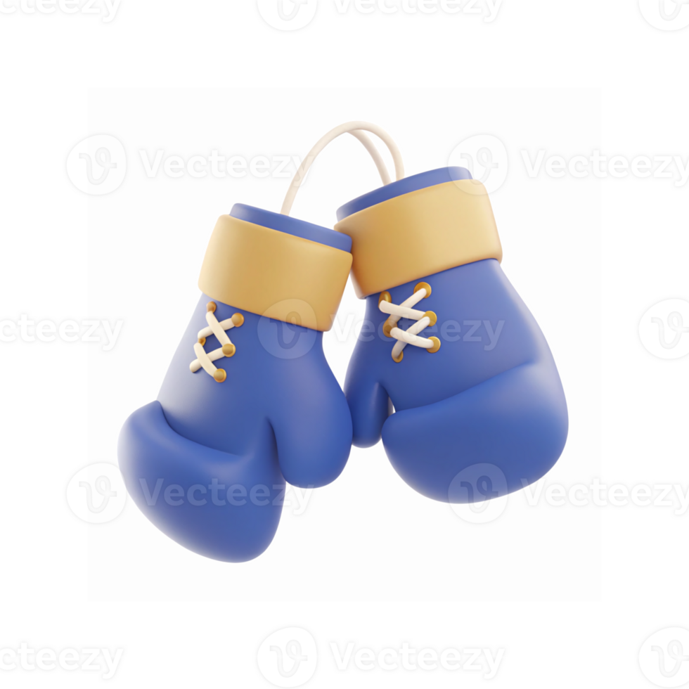Blue Boxing Gloves with Yellow Trim Hanging Together on Transparent Background for Sports Equipment png