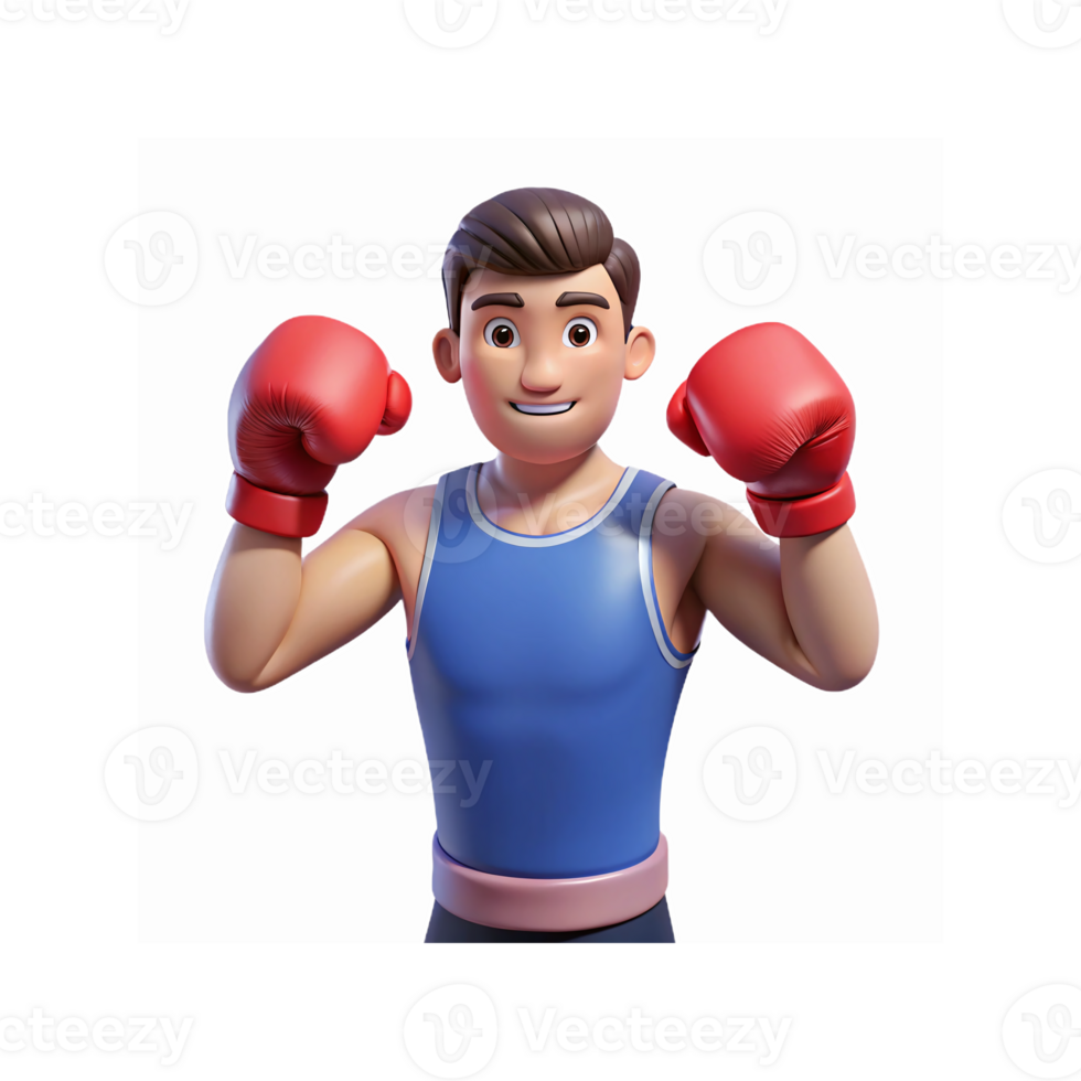 3D Cartoon Boxer in Blue Training Gear Showing Red Boxing Gloves on Transparent Background png