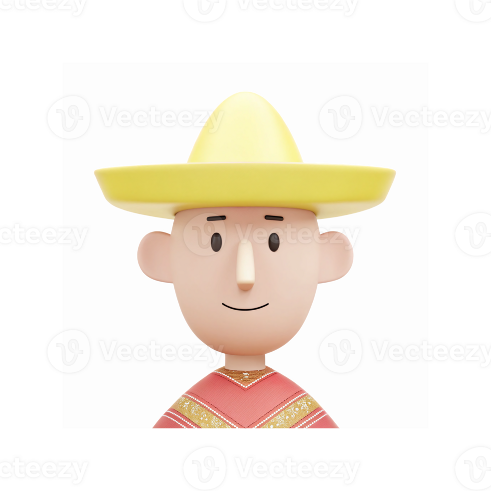 Smiling Minimalist Cartoon Character Wearing Yellow Hat and Poncho with Red and Gold Patterns png