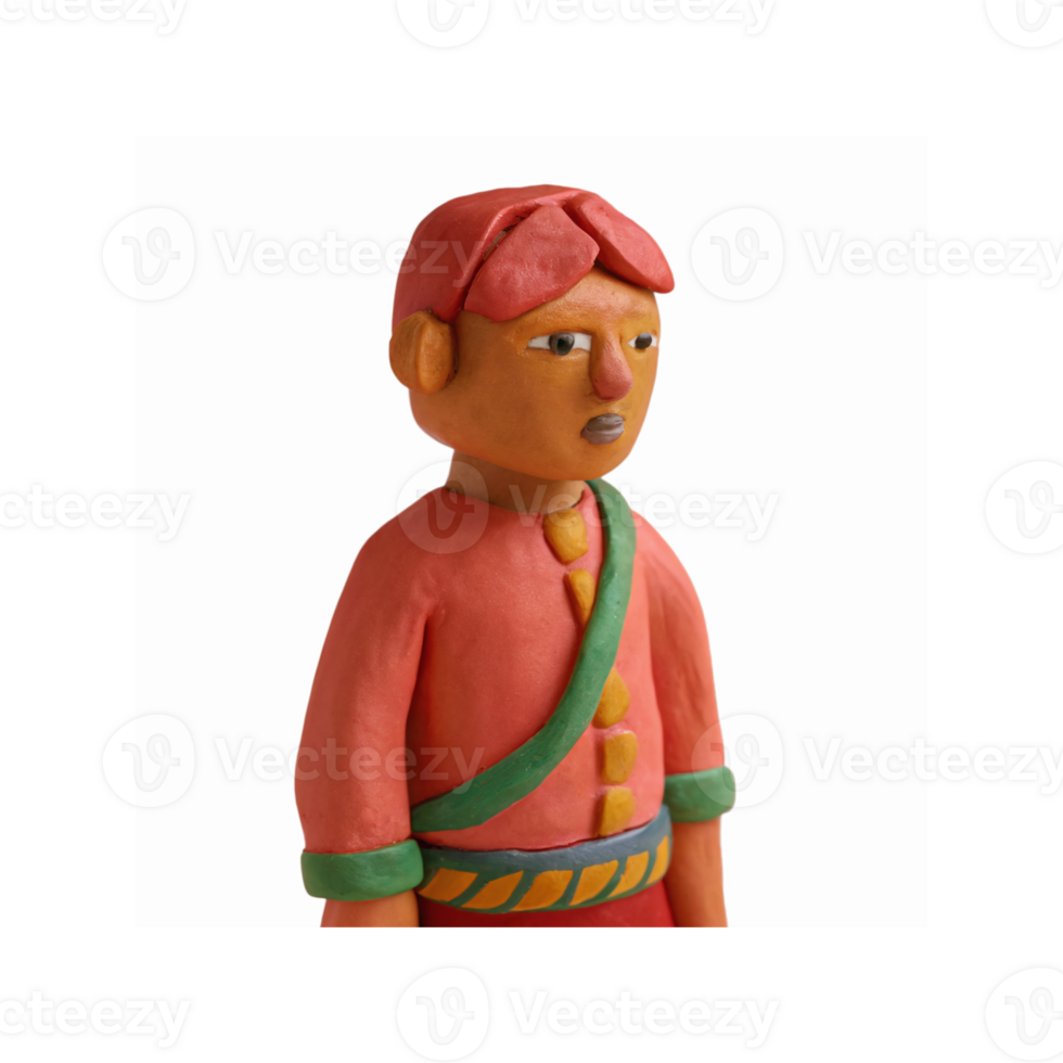 Handcrafted Clay Figure with Red Outfit Green Sash and Yellow Buttons on Transparent Background png