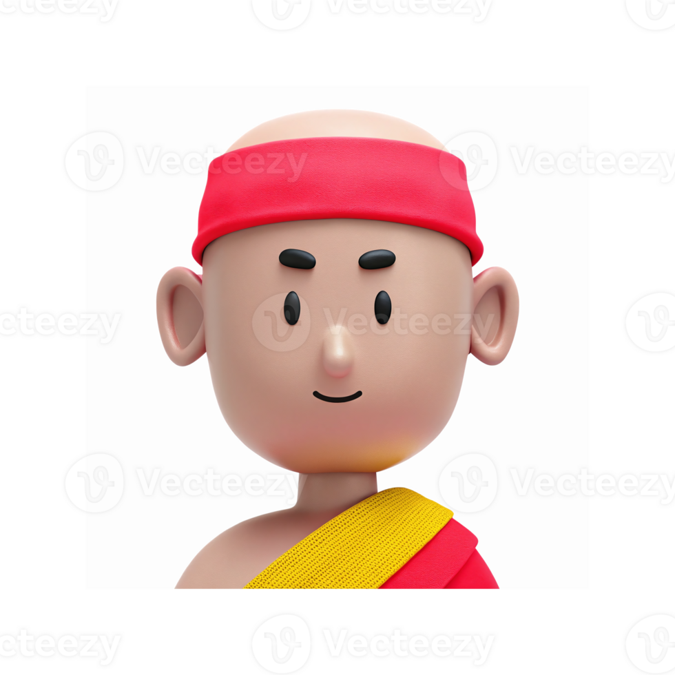3D Illustration of Smiling Monk Character with Red Headband and Yellow Robe on Transparent Background png