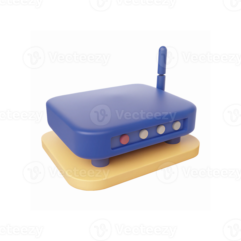 Blue Wireless Router with Antenna on Yellow Base Minimal 3D Illustration for Technology Concepts png