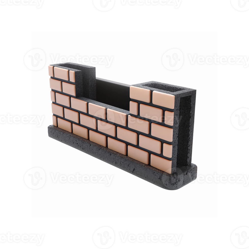 Structural Brick Wall Assembly with Concrete Base and Realistic Brickwork Design on Transparent Background png