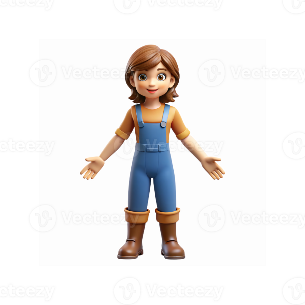 Smiling Girl in Blue Overalls and Brown Boots with Open Arms Friendly Character Design png