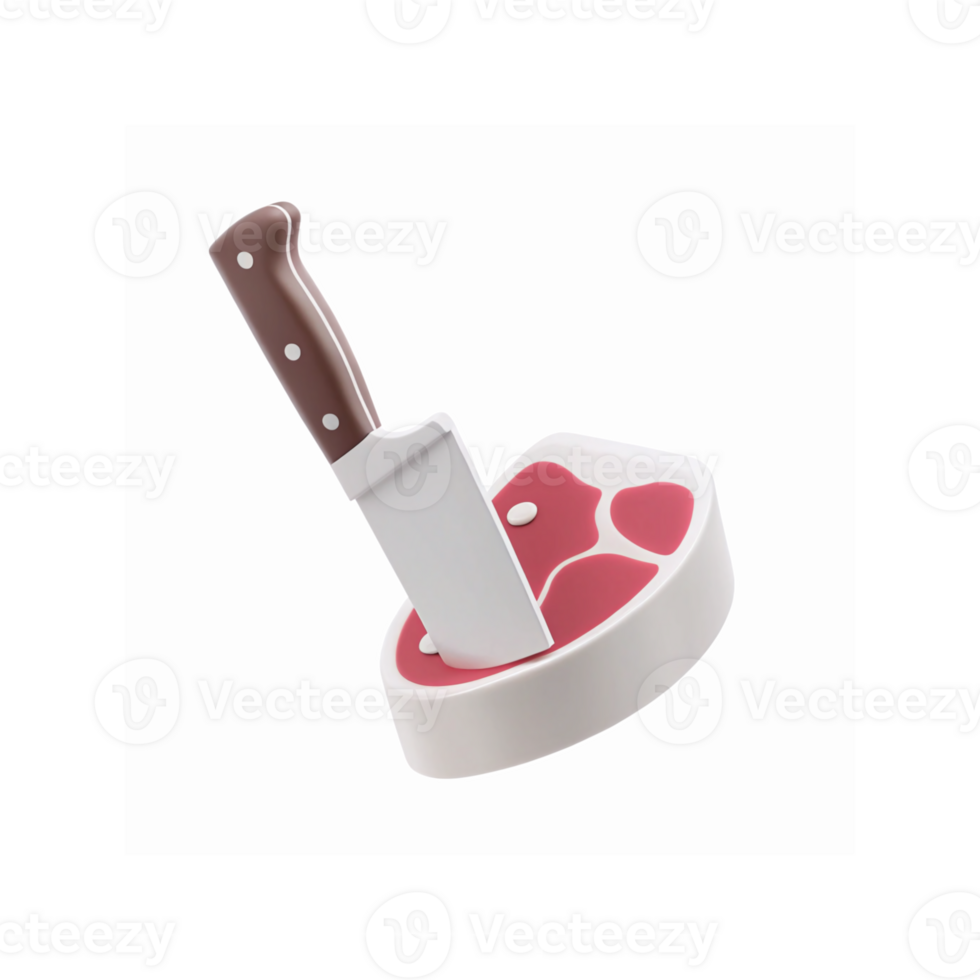 Butcher Knife Embedded in Raw Red Meat Slice with White Fat Marbling for Food Preparation Concept png