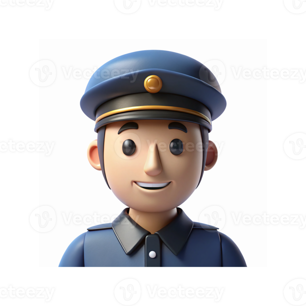 Smiling Cartoon Police Officer in Blue Uniform with Hat and Buttoned Collar on Transparent Background png