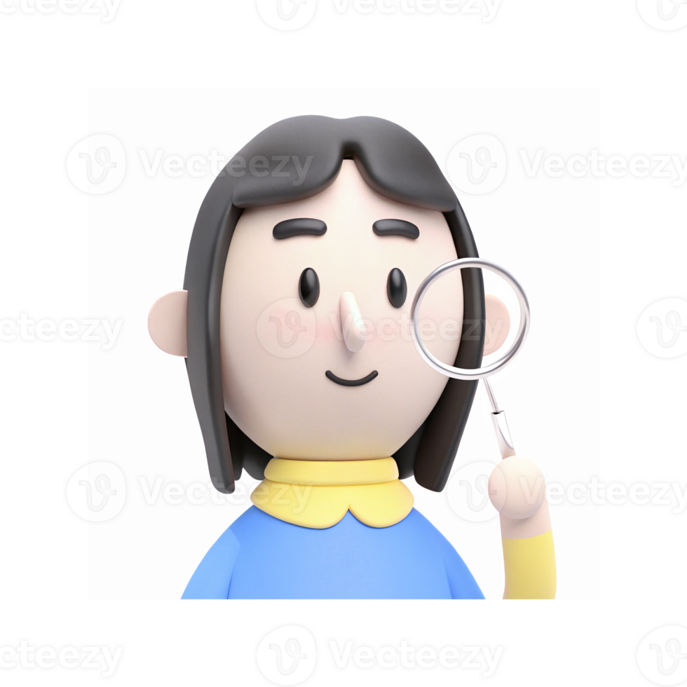 Smiling Cartoon Character Holding Magnifying Glass for Research and Discovery on Transparent Background png