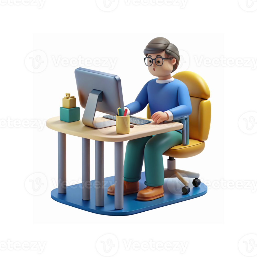 3D Illustration of Person Working at Computer Desk with Yellow Chair and Blue Outfit png