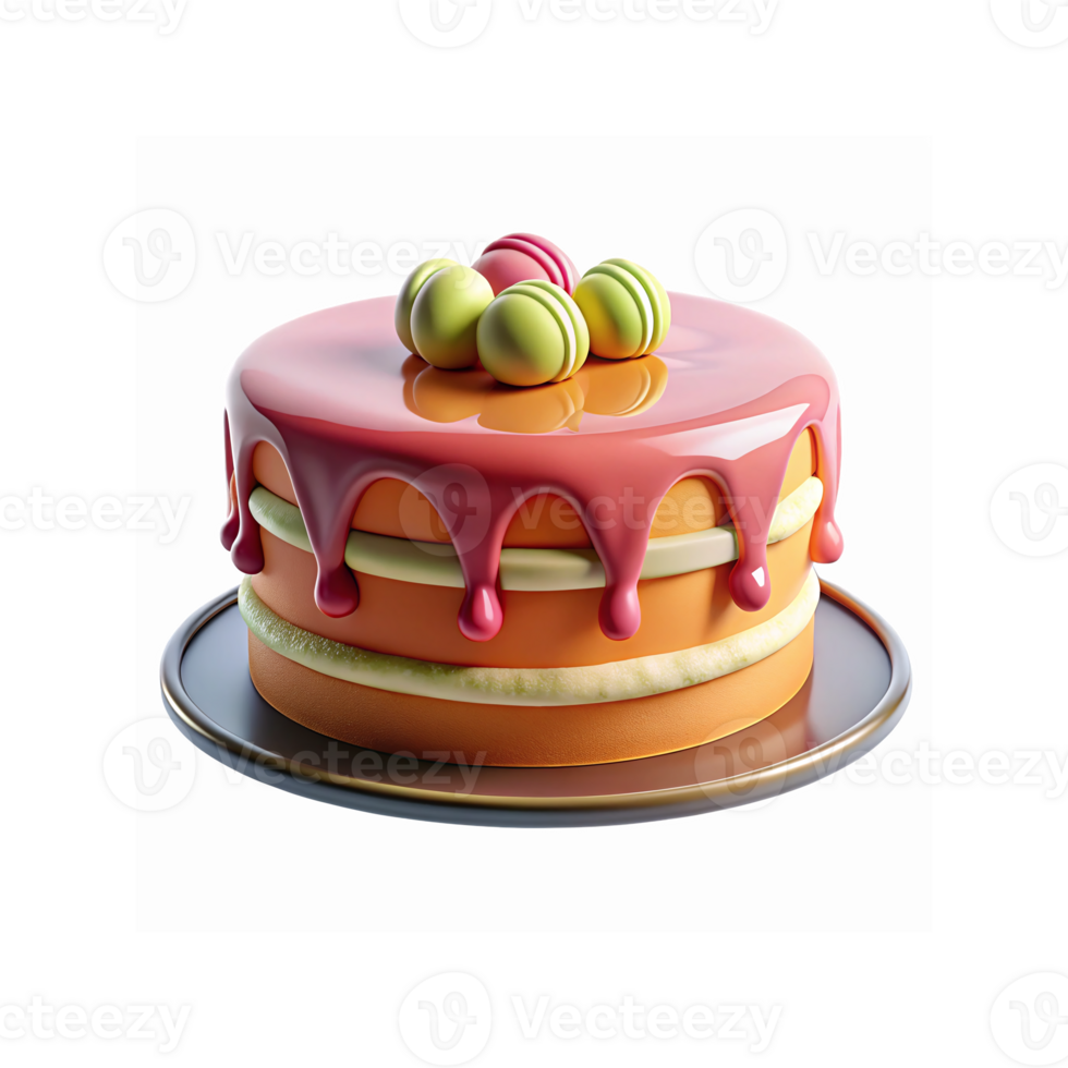 Layered Cake with Pink Icing Drips and Macarons on Top Perfect for Celebrations and Dessert Lovers png