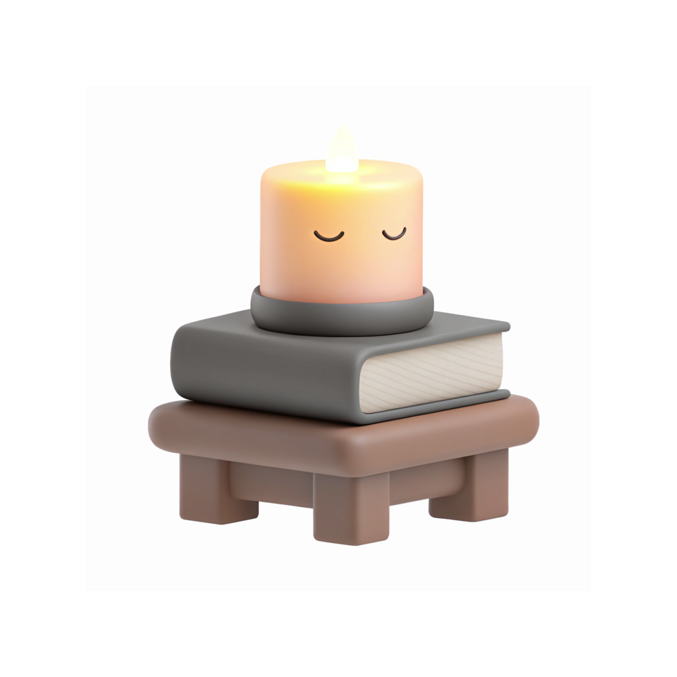 Cute Lit Candle On Gray Book Sitting On Simple Wooden Table With Minimalist Design And Soft Glow png