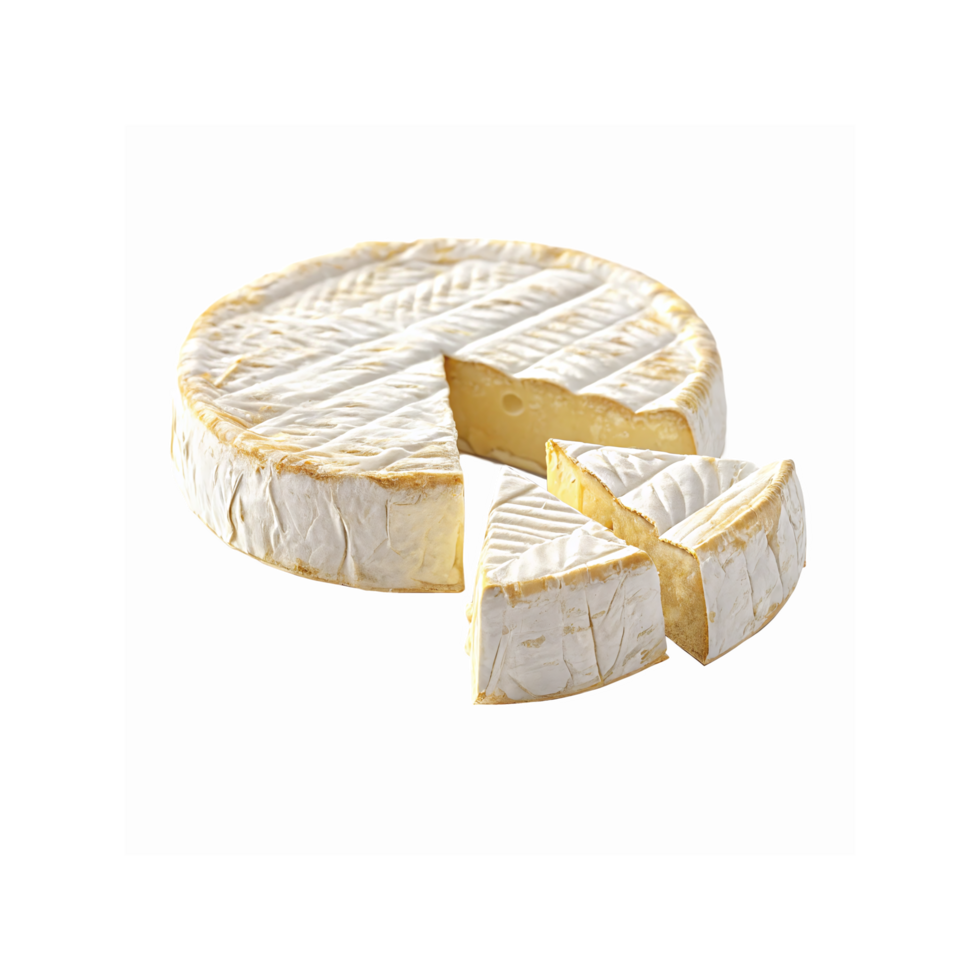 Round Brie Cheese Wheel With Sliced Wedges Creamy Soft Texture White Rind Ideal For Gourmet Cooking png