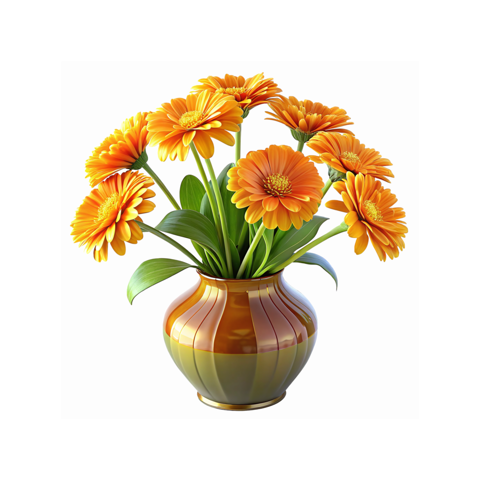 Bright Orange Gerbera Daisies in a Glossy Striped Ceramic Vase with Green Leaves png