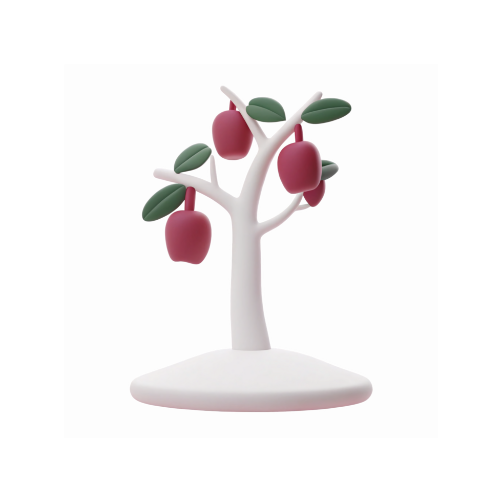 Minimalistic White Tree with Red Apples and Green Leaves on Transparent Background for Graphic Design png