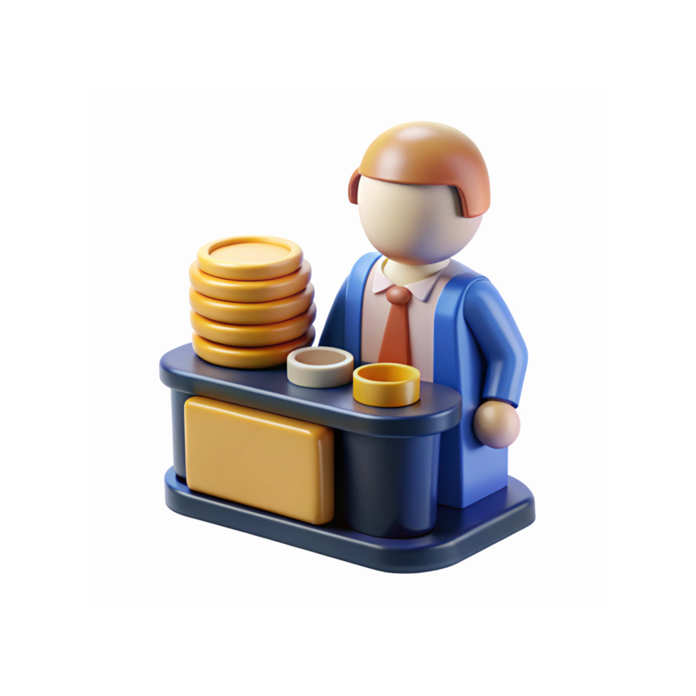 Businessman Character Illustration Managing Coins at Desk for Finance and Investment Concepts png
