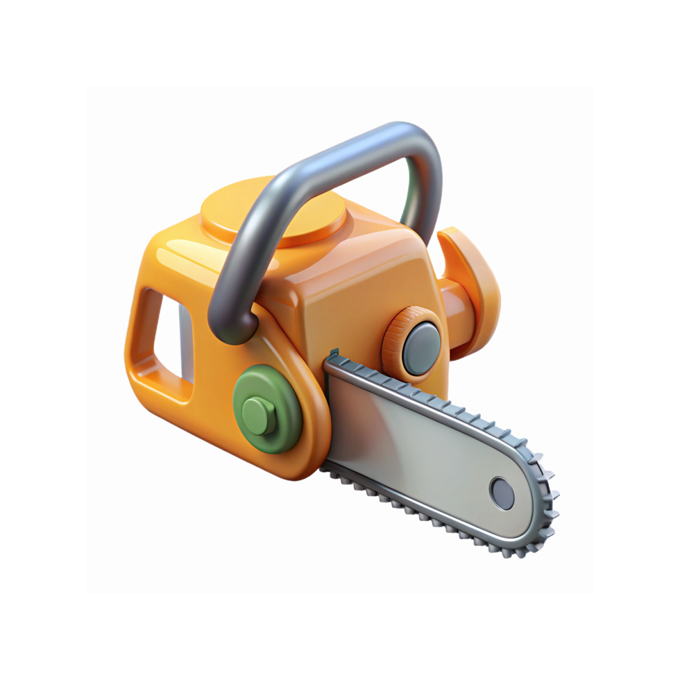 Bright Orange Cartoon Chainsaw with Metal Blade and Green Buttons on Transparent Background for Design and Icon Use png