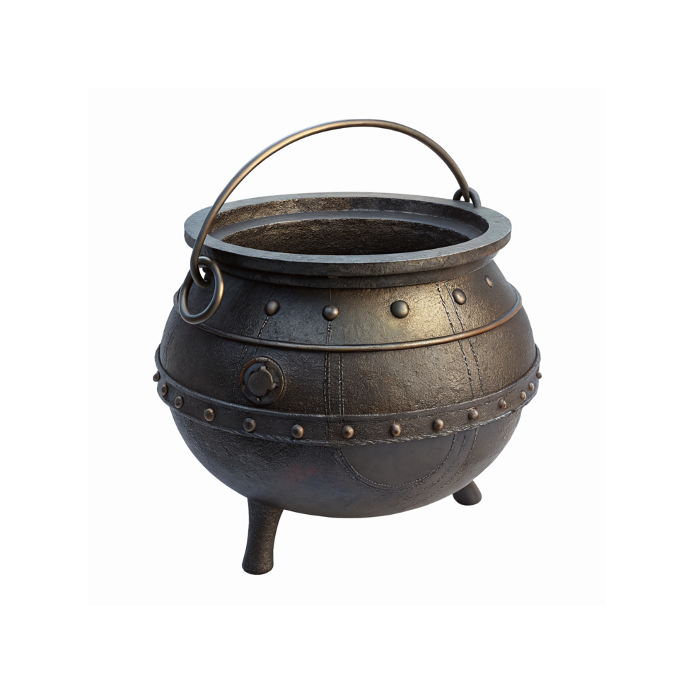 Black Cast Iron Cauldron with Rivets and Handle for Cooking or Decorative Use on Transparent Background png