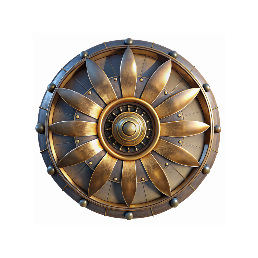 Golden Metallic Shield With Flower Shaped Design and Symmetrical Patterns on Transparent Background png
