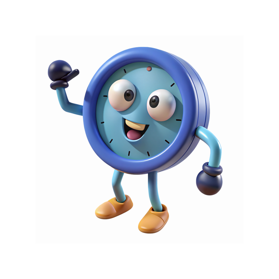 Blue Cartoon Clock Character with Happy Face and Arms Cheerful Friendly Design on Transparent Background png