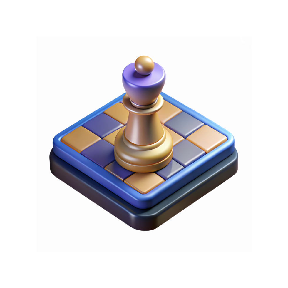 3D Chess Queen Piece on Blue and Gold Checkered Game Board with Geometric Design and Glossy Finish png