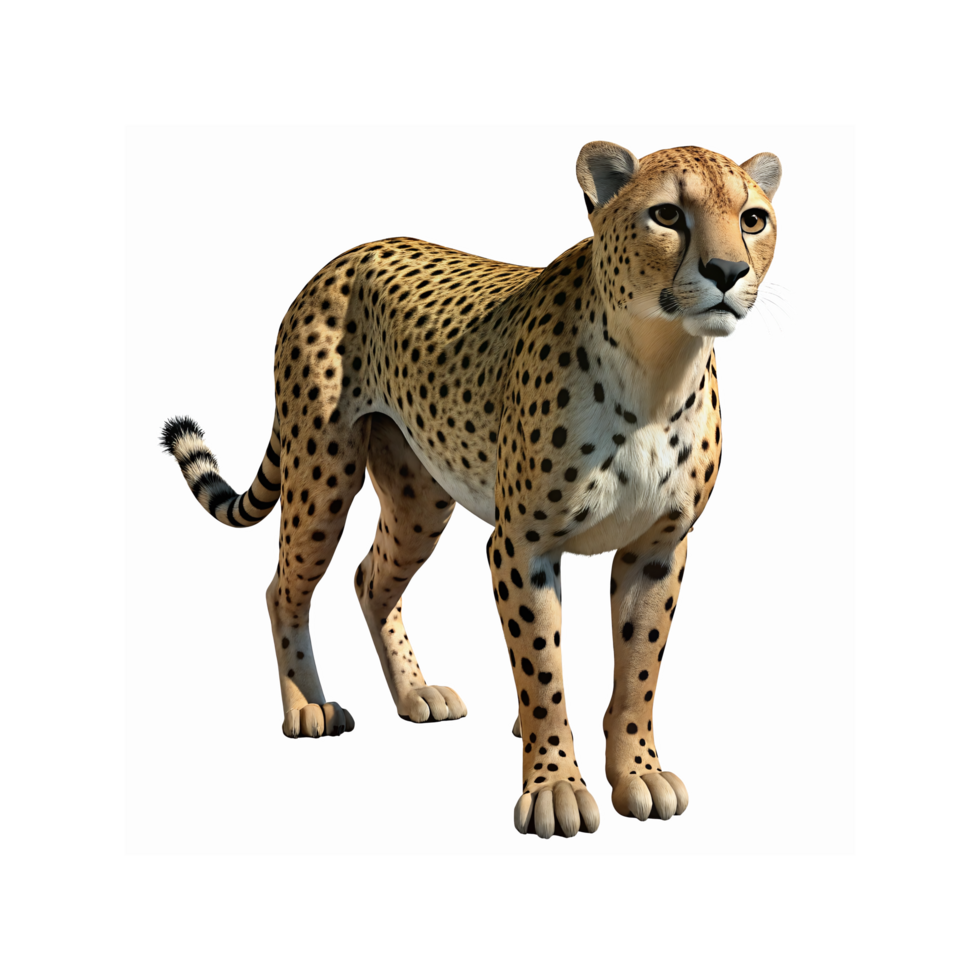 Realistic Cheetah Standing Alert with Detailed Fur Patterns on Transparent Background for Wildlife Concepts png
