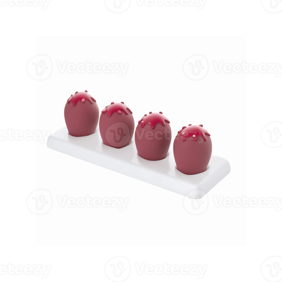 Four Red Glossy Chocolate Truffle Balls with Dripping Toppings on White Display Stand Transparent Background png