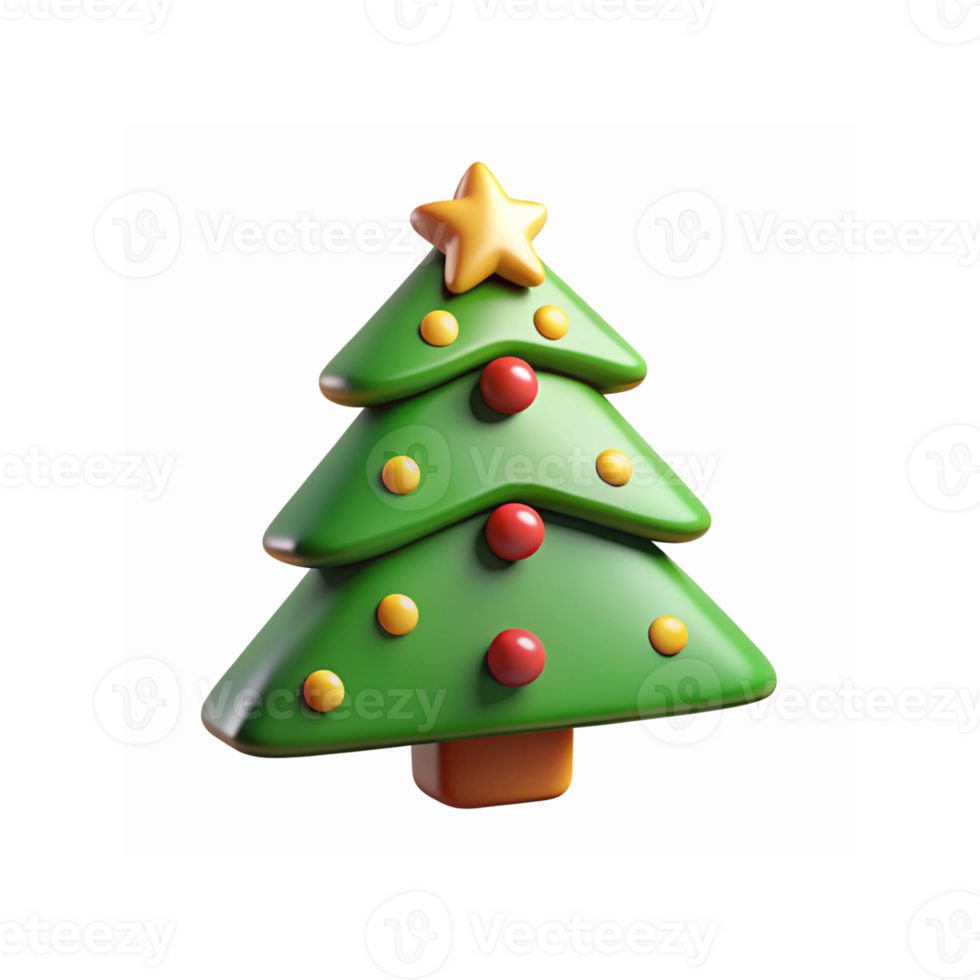 3D Green Christmas Tree with Yellow Star and Decorative Red Yellow Ornaments for Festive Celebrations png