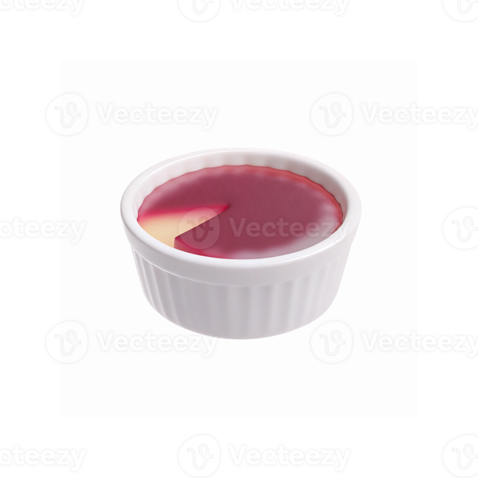White Ceramic Ramekin with Layered Dessert Topped with Red Jelly and Cream Slice on Transparent Background png