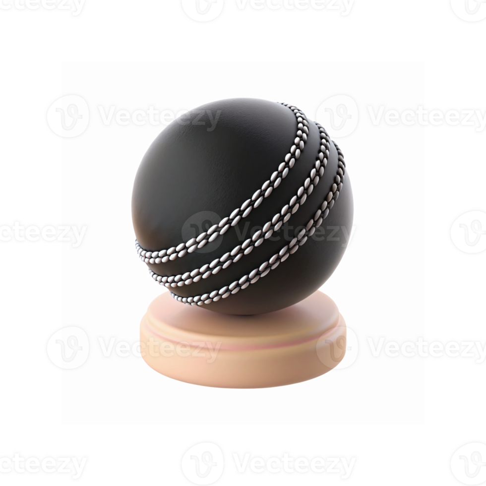 Black Leather Cricket Ball With White Seam Detailing on Wooden Stand for Sports Enthusiasts png