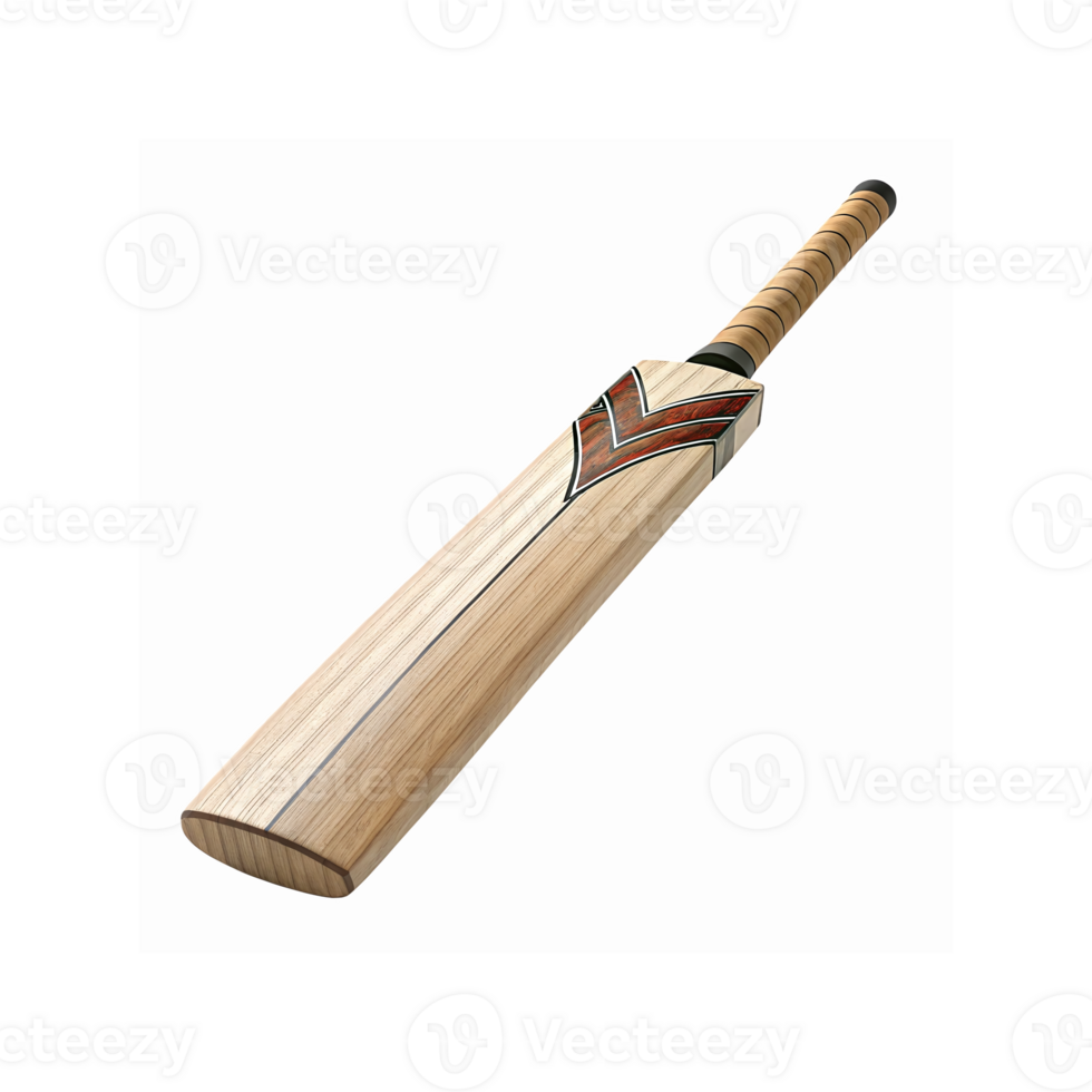 Wooden Cricket Bat with Red and Black Design and Wrapped Handle on White Background for Sports Equipment png