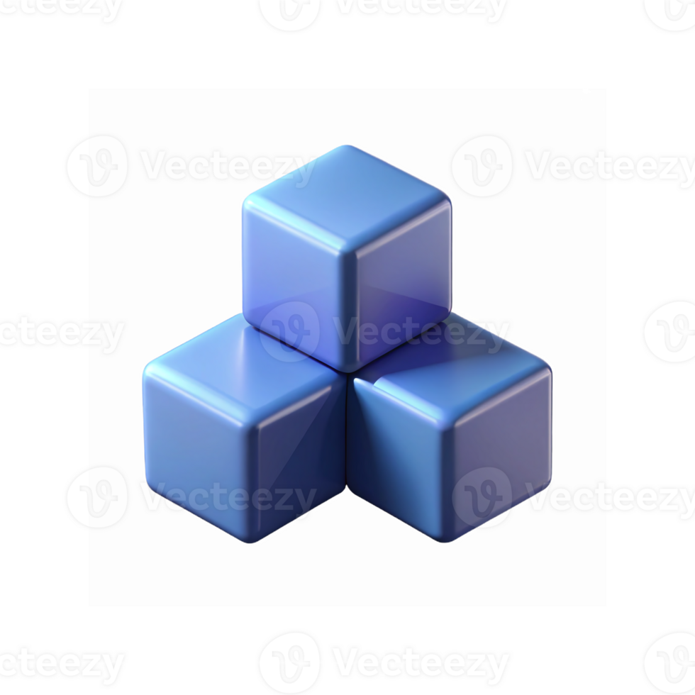 Three Shiny Blue Cubes Stacked in Pyramid Formation with Glossy Surface for Design Concepts png