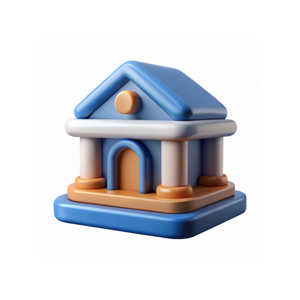 3D Cartoon Style Blue and Orange Bank Building Icon with Columns and Arched Door for Finance Designs png