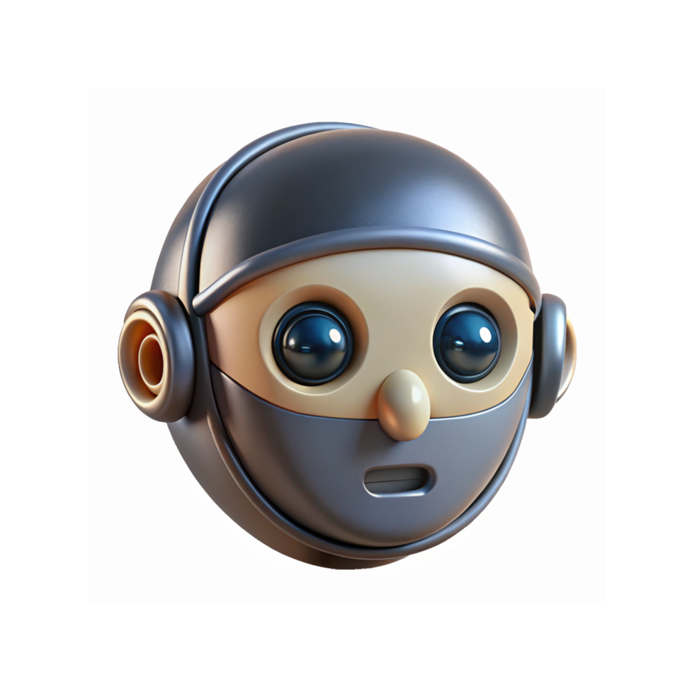 Three Dimensional Robot Face With Headphones And Expressive Big Eyes On Transparent Background png