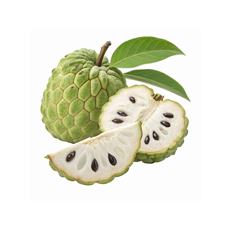 Fresh Green Custard Apple Whole and Sliced with Black Seeds and Bright Green Leaves on Transparent Background png