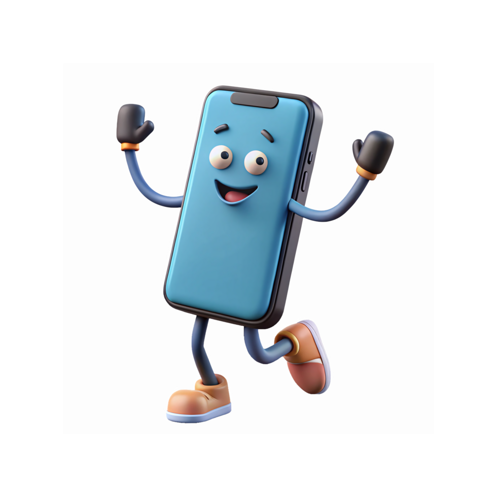 Blue Smartphone Cartoon Character With Happy Expression Waving Arms Wearing Boots and Gloves Transparent Background png