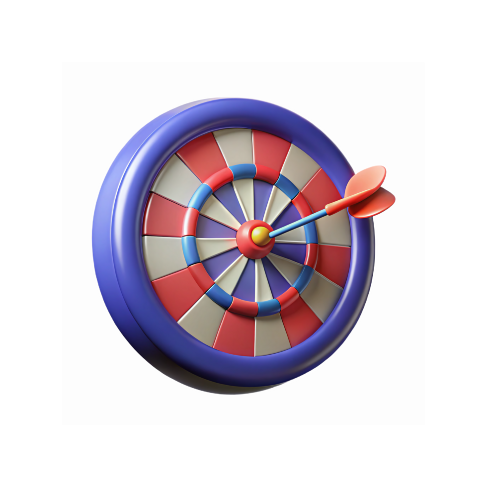 3D Dartboard with Bullseye Hit by Red Dart in Blue and Red Target Representing Success and Accuracy png