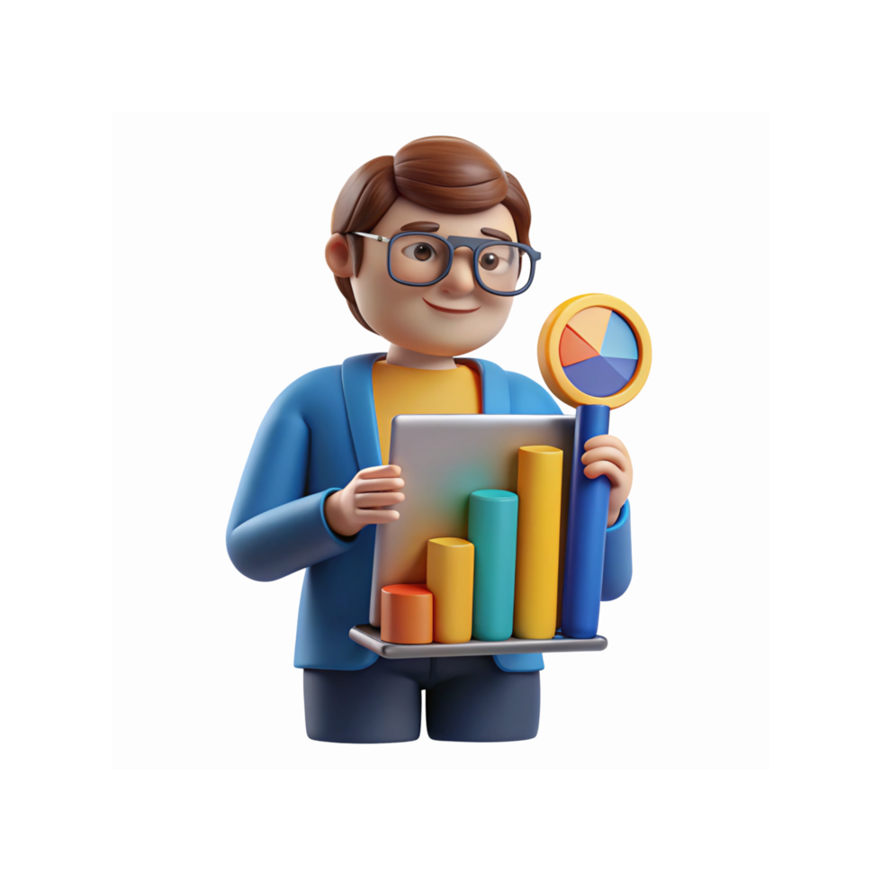 Smiling Cartoon Businessman Holding Tablet with Bar Graphs and Colorful Pie Chart for Analytics png