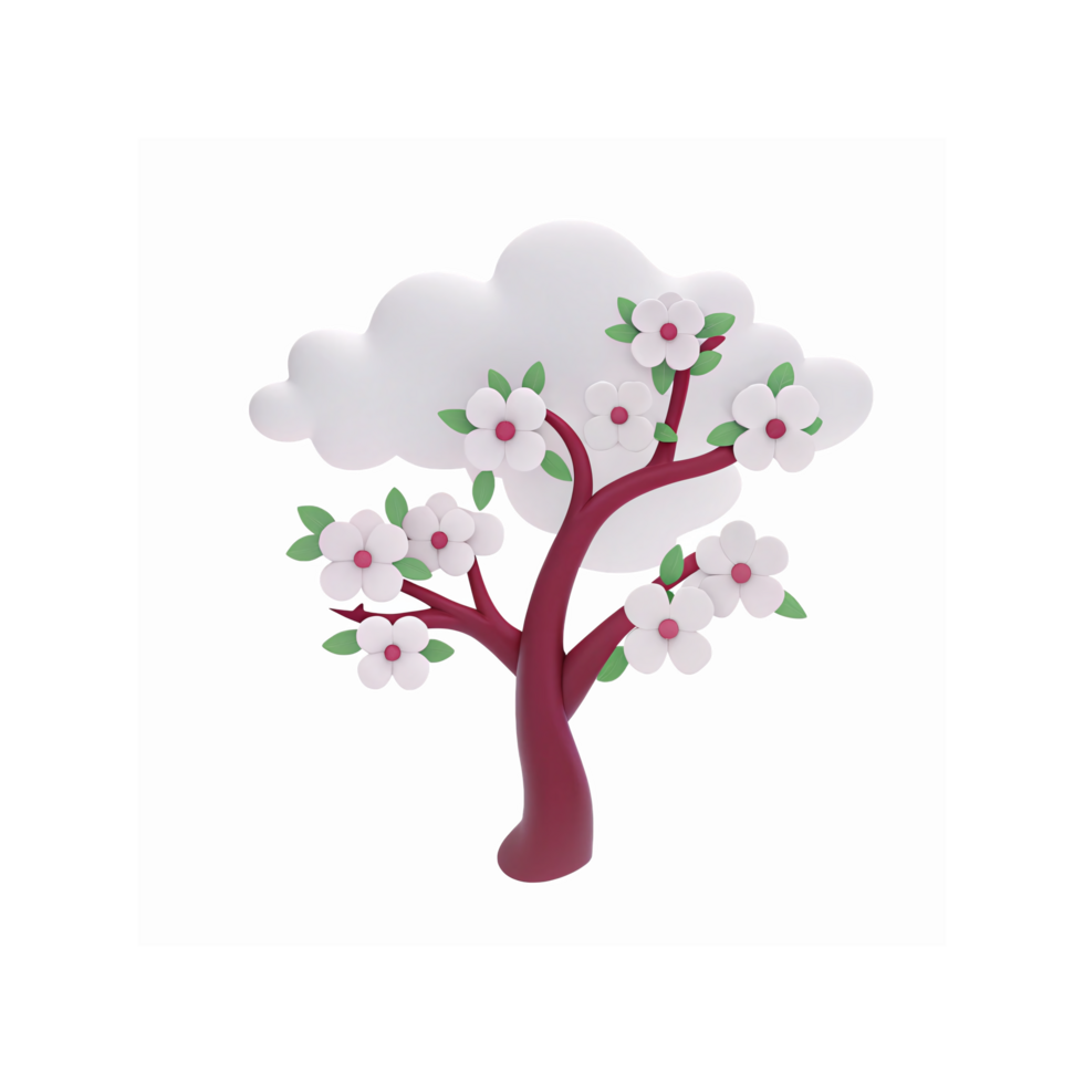Blooming White Flower Tree with Curved Red Branches and Green Leaves on Transparent Background png