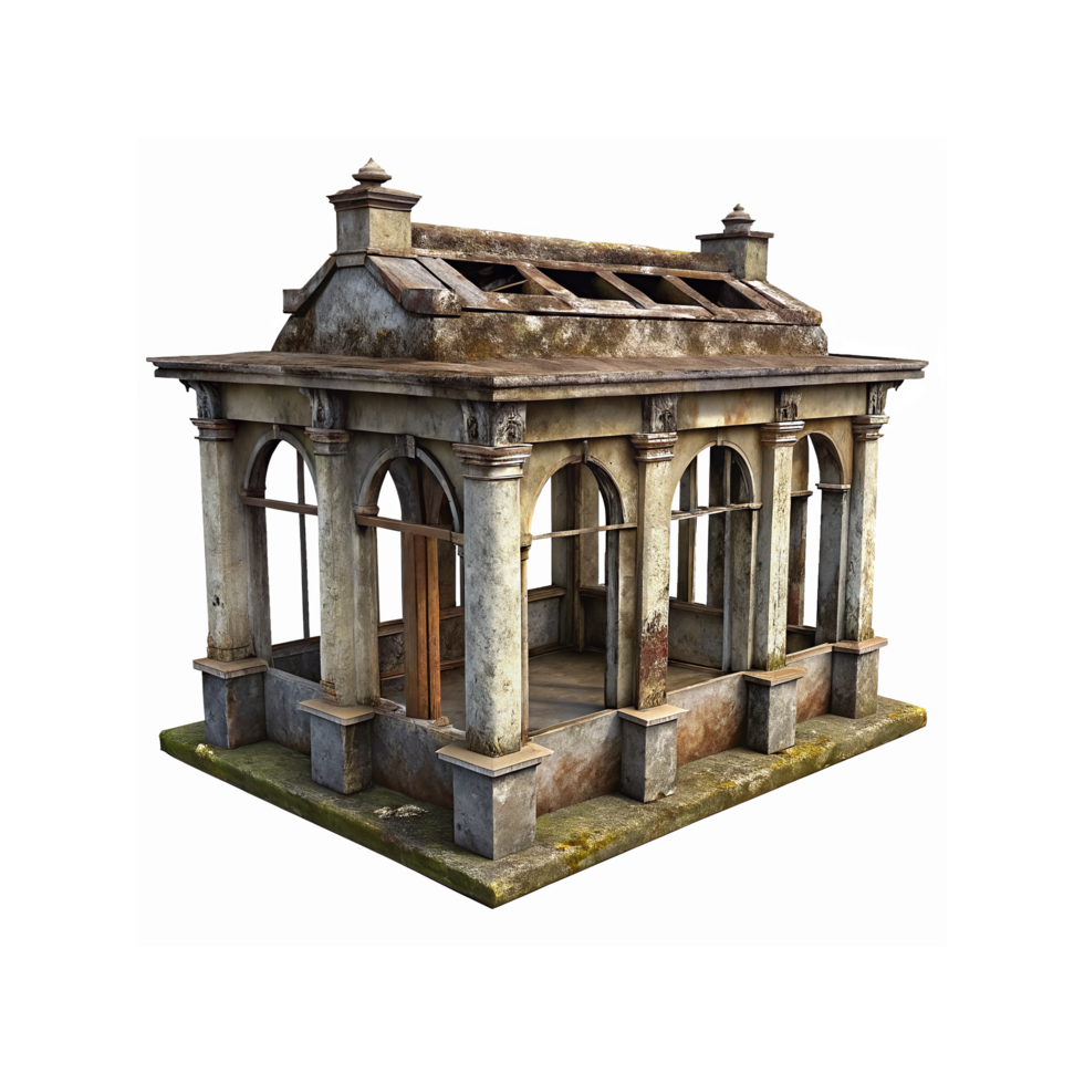 Aged Stone Pavilion with Weathered Columns and Arched Windows in Rustic Architectural Style png
