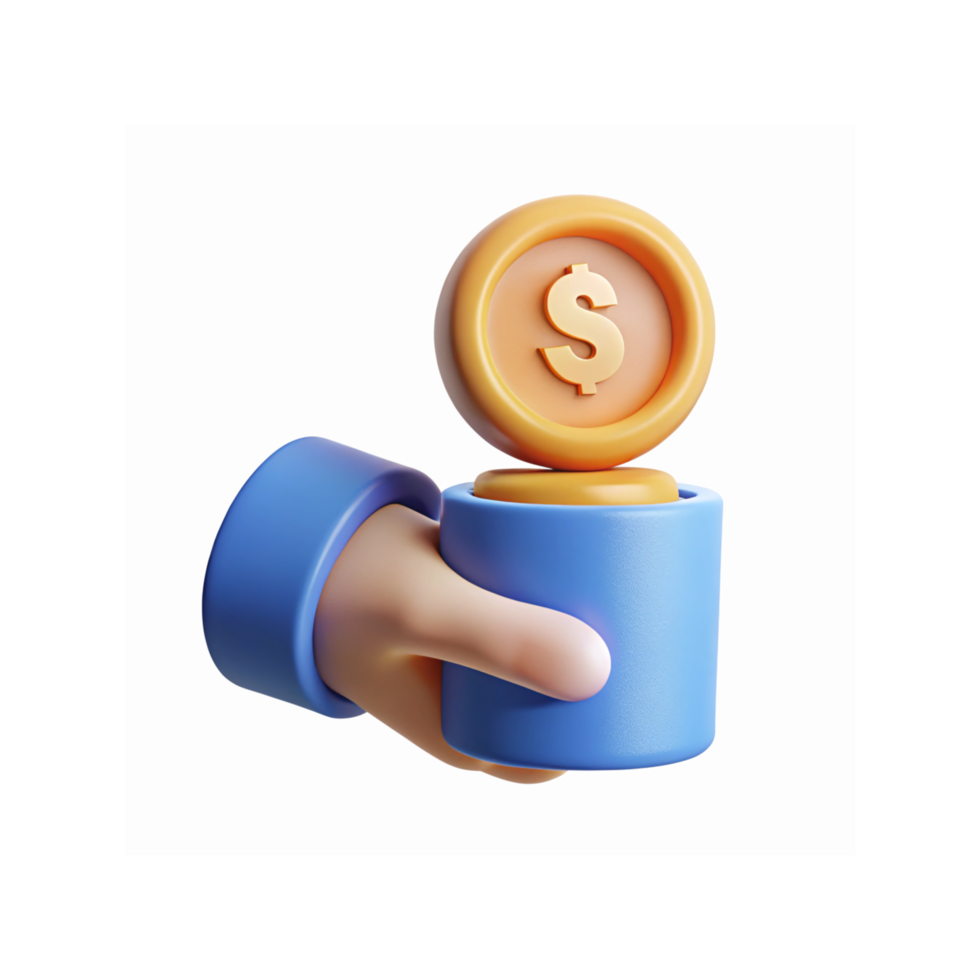 3D Hand Holding Gold Coin Inside Blue Container Representing Saving Investment or Profit Concept png