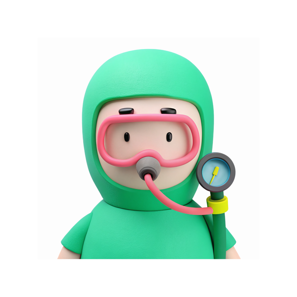 Cartoon Diver Character in Green Suit with Pink Snorkel and Oxygen Gauge on Transparent Background png