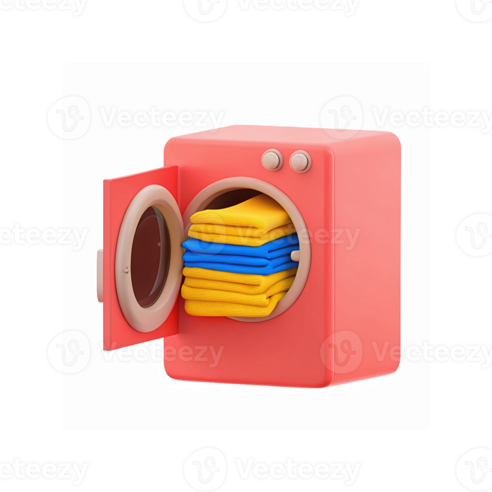 Red Washing Machine with Folded Yellow and Blue Laundry on Transparent Background png