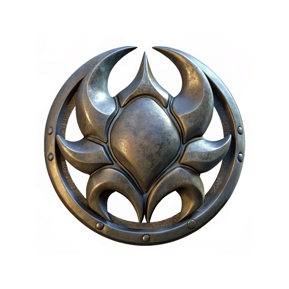 Silver Metallic Tribal Emblem with Intricate Crescent Shapes and Circular Frame Design on Transparent Background png
