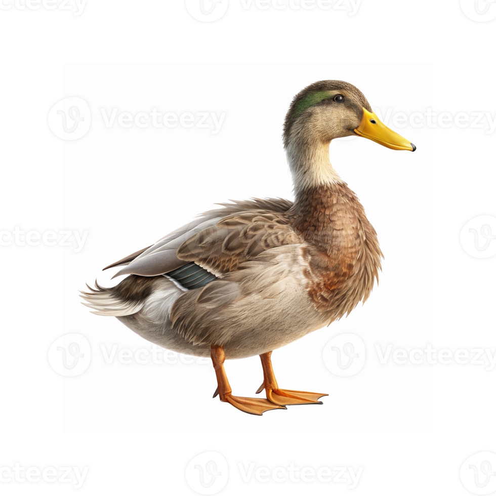 Mallard Duck with Brown Feathers and Yellow Beak Standing on Transparent Background for Wildlife Themes png