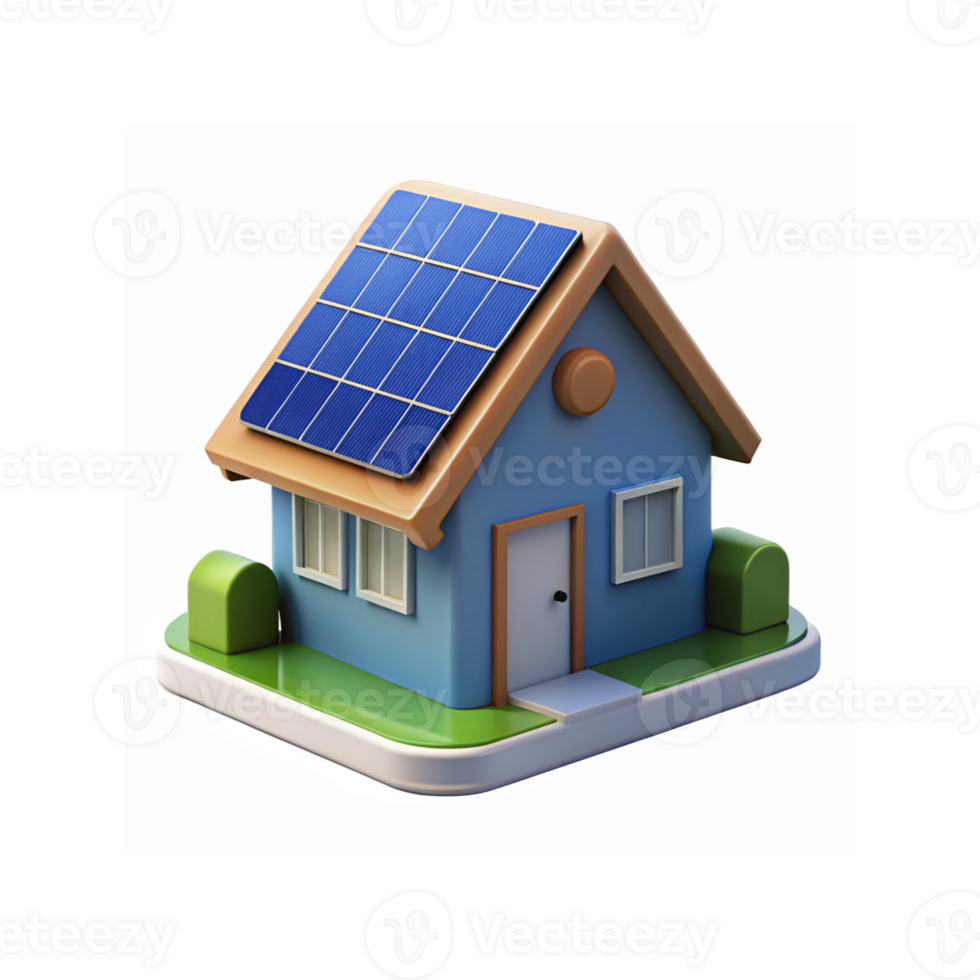 Small Blue House With Solar Panels On Roof Lawn And Bushes Sustainable Energy Concept png