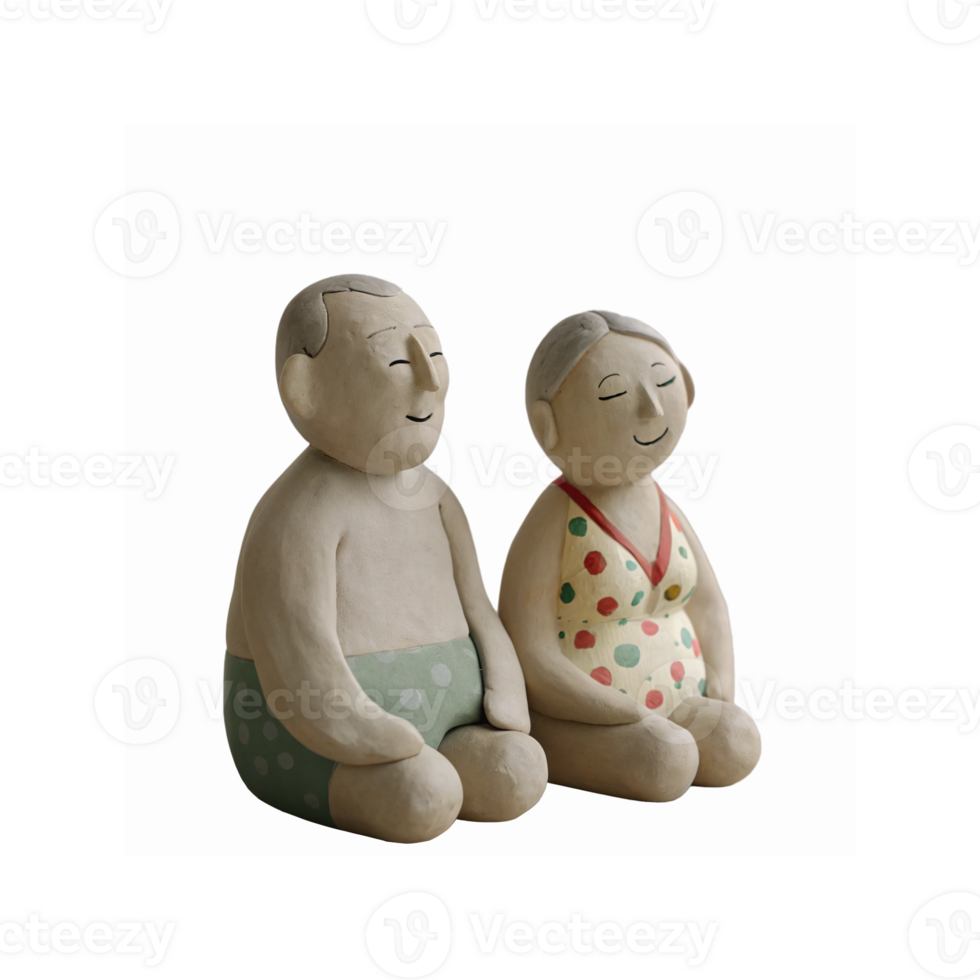 Clay Figurines of Elderly Couple Sitting in Swimsuits with Polka Dot Patterns on Transparent Background png