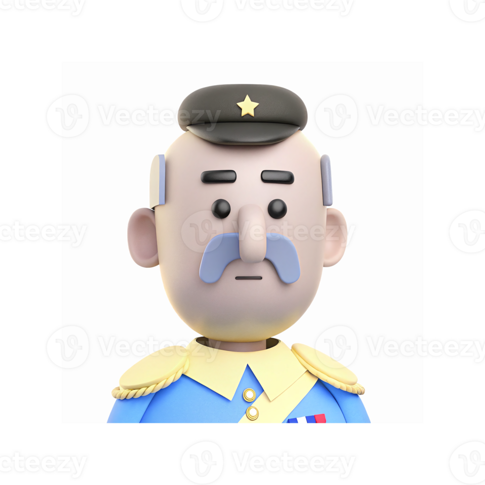 3D Cartoon Military General Portrait Blue Uniform Black Hat Yellow Shoulder Epaulettes Medals png