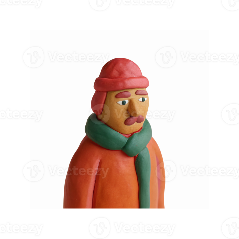 Clay Sculpture of Man in Green Scarf and Red Winter Hat with Orange Outfit Against Transparent Background png