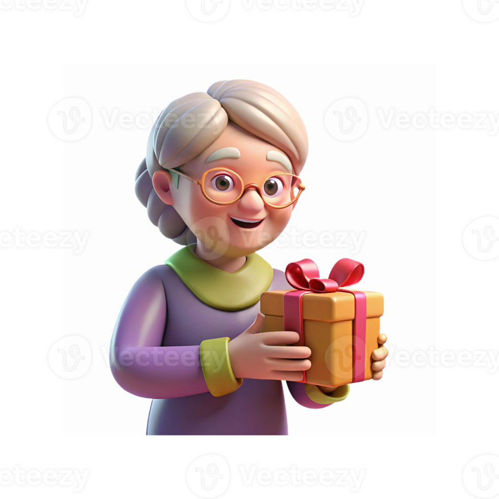 Elderly Woman With Glasses Holding Gift Box Wrapped With Ribbon Smiling Cheerful Festive Celebration Illustration png