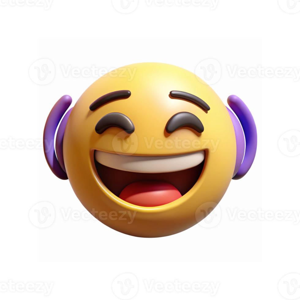 Smiling Yellow Emoji with Purple Headphones Expressing Joy and Laughter on Transparent Background png